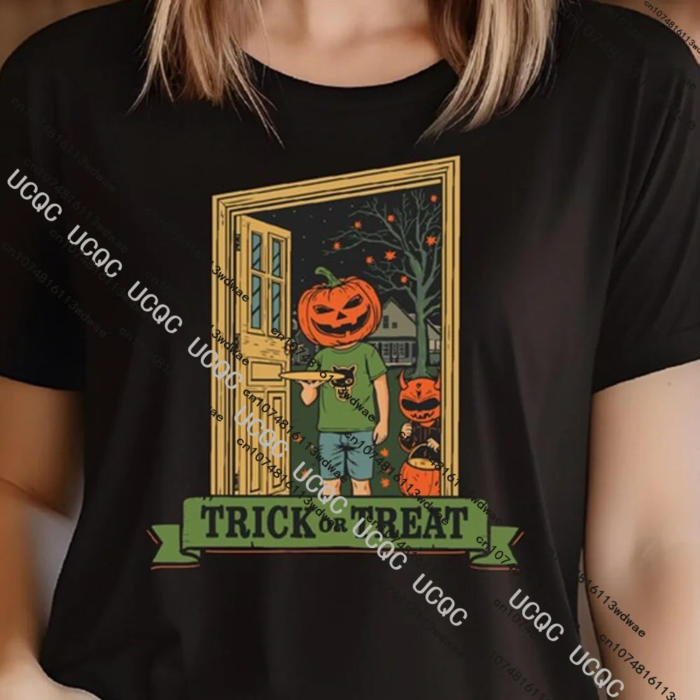 Trick or Treat Kids Halloween T-Shirt Cute Children in Costume Graphic Tee Spooky Candy Collecting T-shirt Boy Festival Outfit