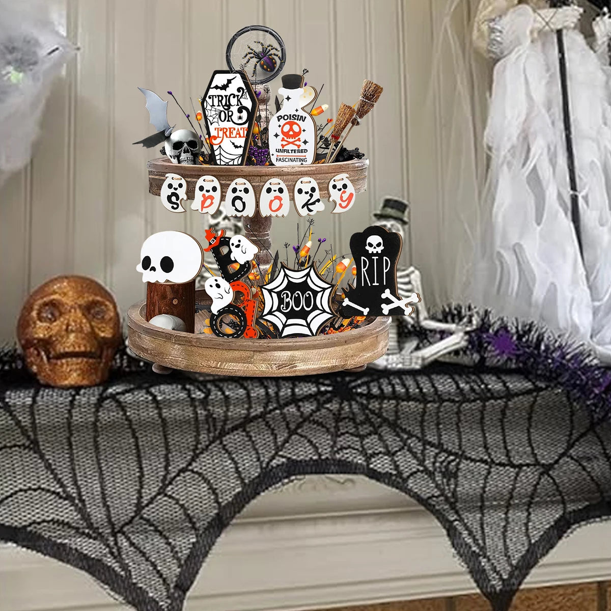 Halloween -  Wooden Tray Decorations: Spooky Skulls, Bats, Ghosts and More for Haunting Home Party Halloween Decor