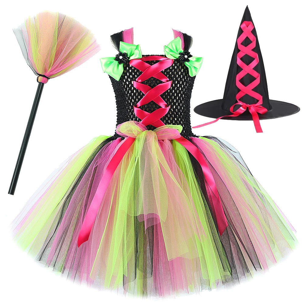 Kids Halloween Witch Costumes for Girls Carnival Party Fancy Dresses with Witches Hat Broom Children Hallowmas Disguise Outfit