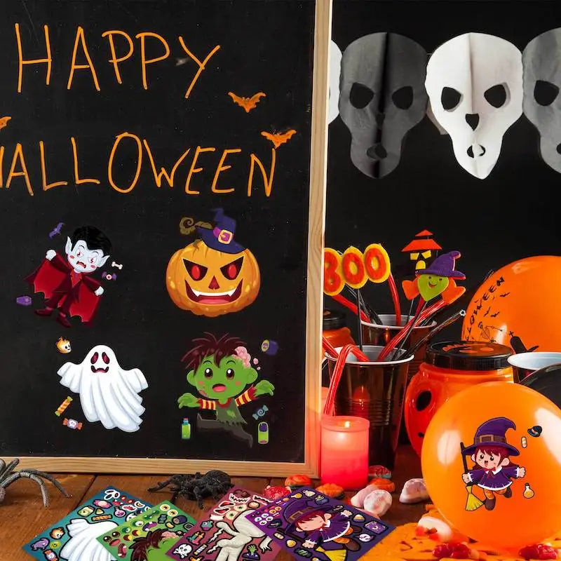 Halloween Party Games Stickers for Kids Make A Pumpkin/Skeleton/Ghost/Witch/Zombie/Mummy Face Stickers Children Party Gifts Toys