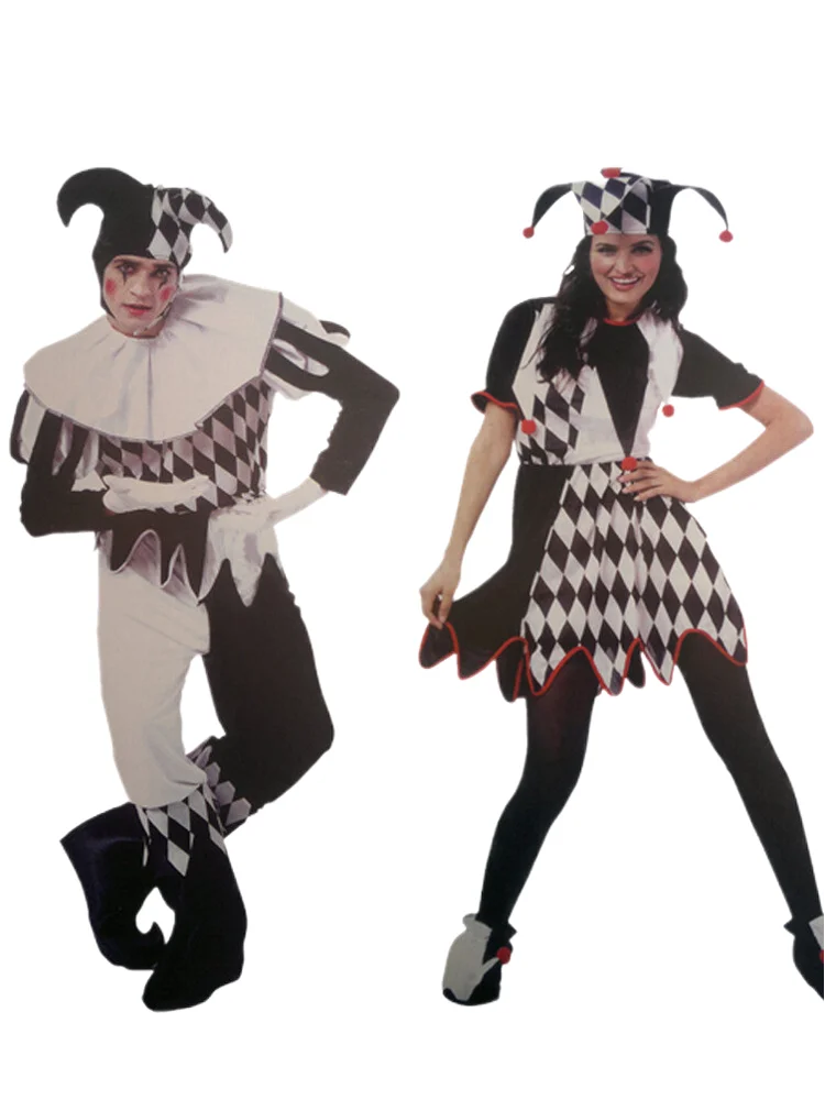 Halloween Carnival Costumes Funny Fun Cosplay Black and White Splicing Clown Costume with Hat for Man Women Innovative Set