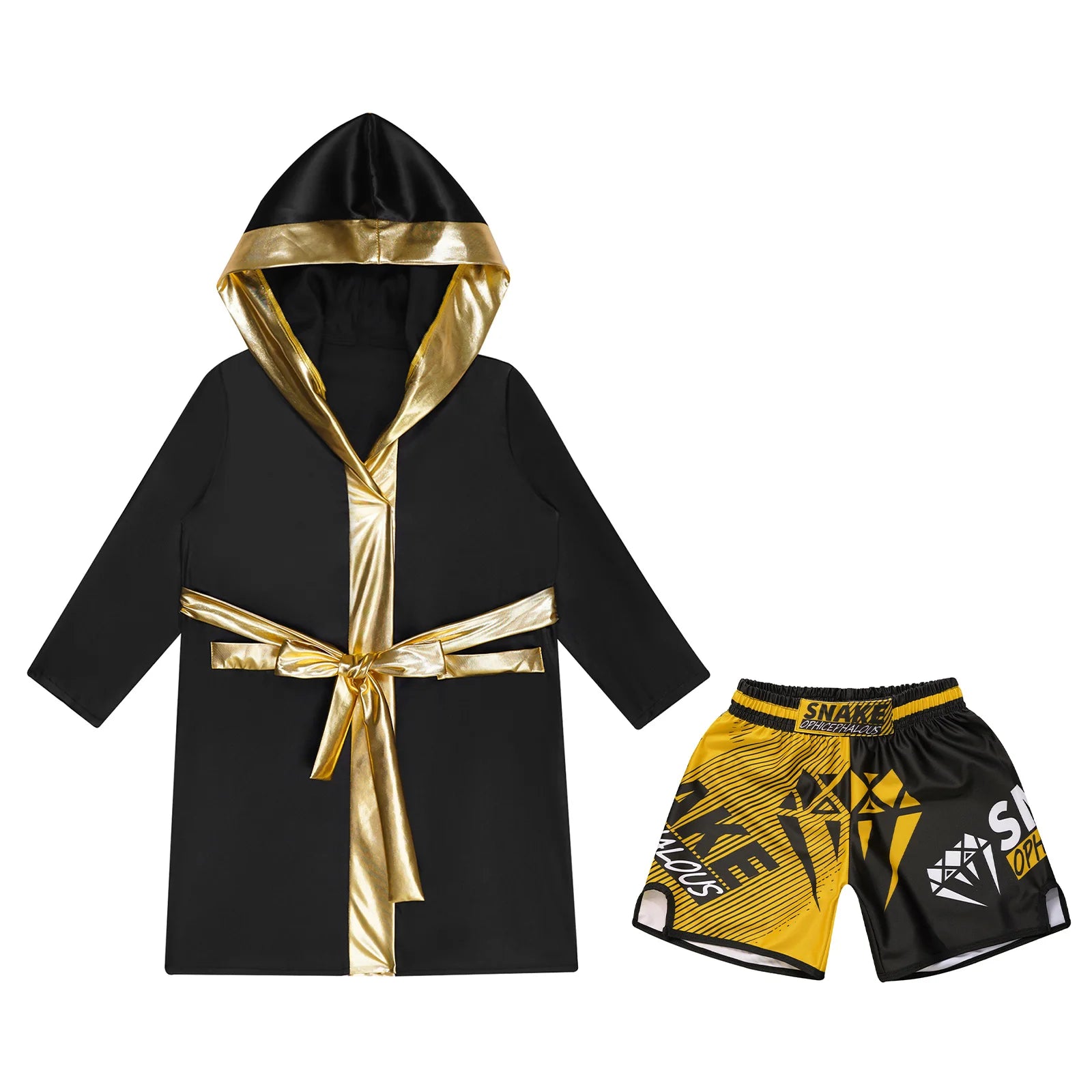 Boys Boxing Robe Outfit Halloween Theme Party Boxer Cosplay Costume Long Sleeve Metallic Satin Hooded Cloak with Belt Shorts