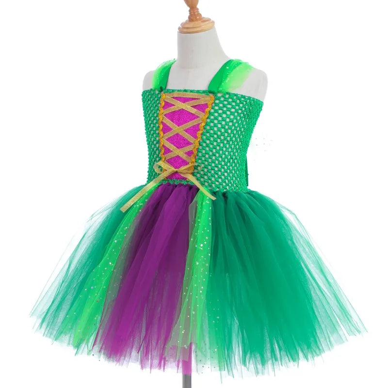 Halloween Children Costume Tulle Dress Girls Cosplay Vestidos Party Evil Queen Mesh Princess Dress Kids Crow Wand