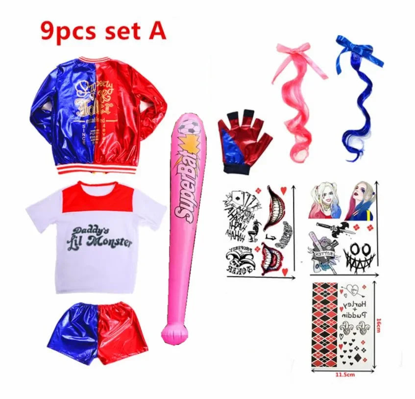 Halloween  Costume de carnaval Harleen Quinzel pour femmes et filles, T-shirts, veste supérieure avec perruque