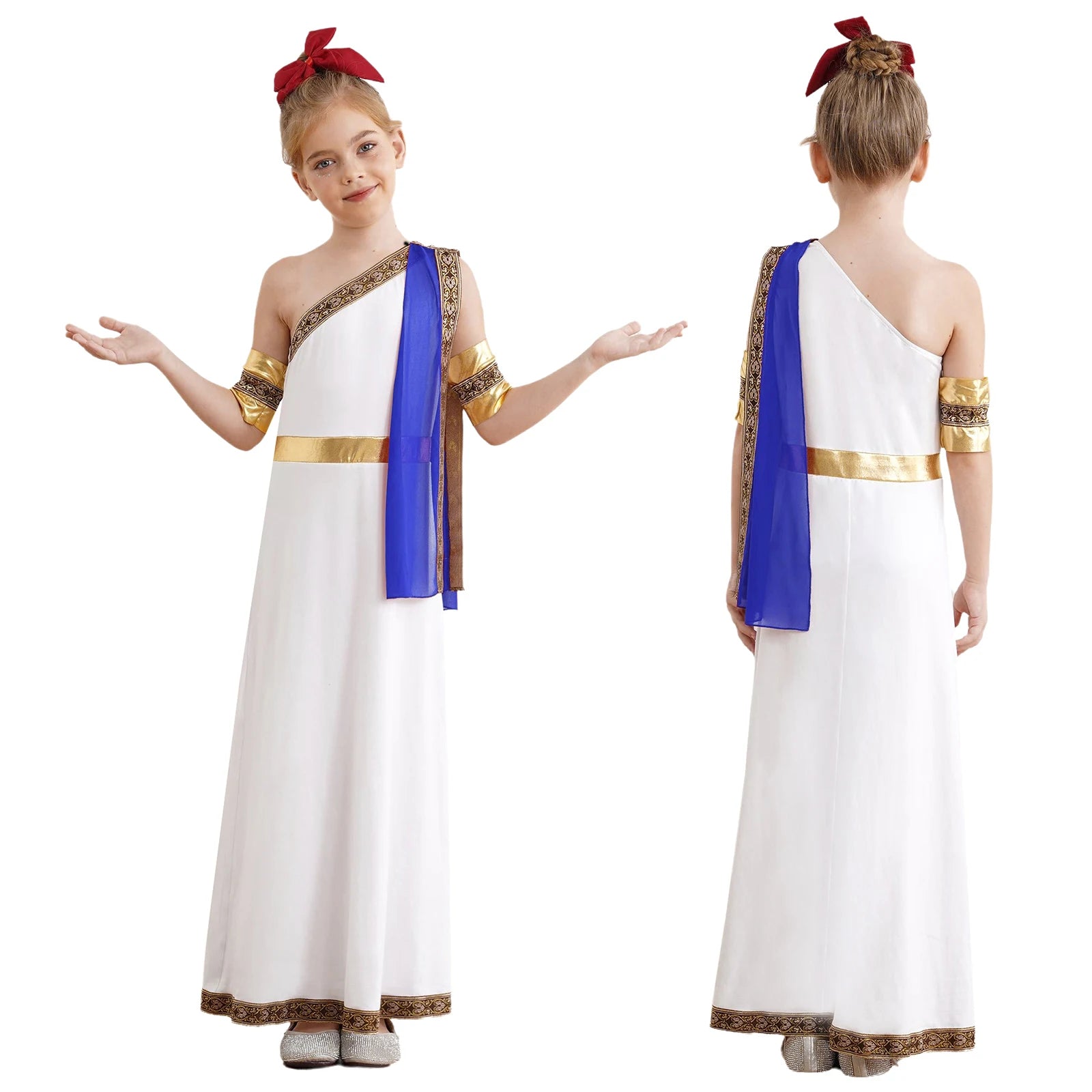 Kids Girls Halloween Ancient Greek Toga Classic Roman Carnival Cosplay Costume One Shoulder Embroider Robe with Removable Cuffs