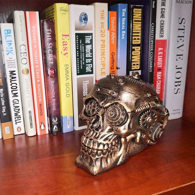 Halloween Steampunk Skull Home Decor - Sci-fi Human Head Skeleton Cranium Figurine Cyborg Protruding Gearwork Statue
