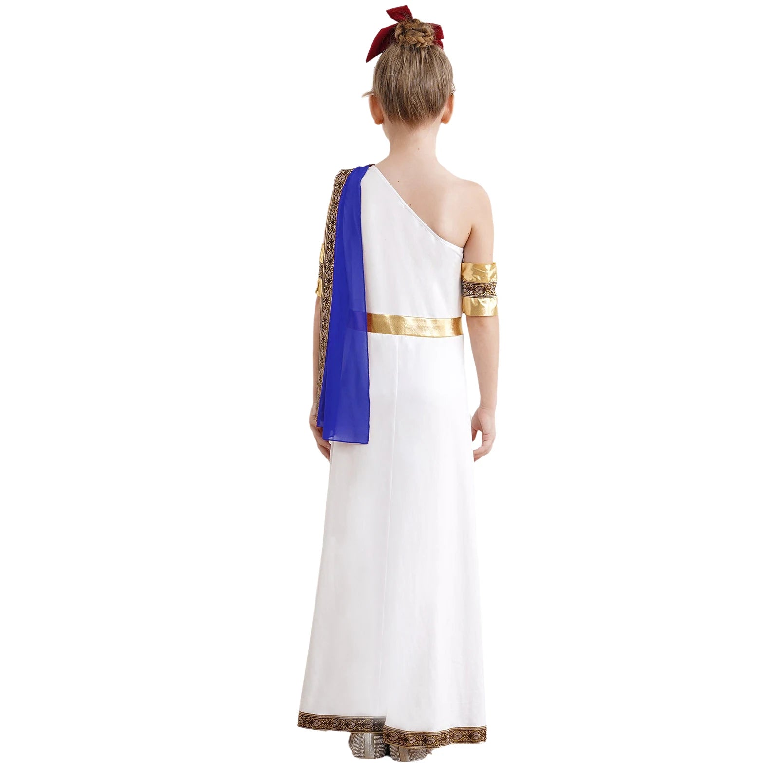 Kids Girls Halloween Ancient Greek Toga Classic Roman Carnival Cosplay Costume One Shoulder Embroider Robe with Removable Cuffs
