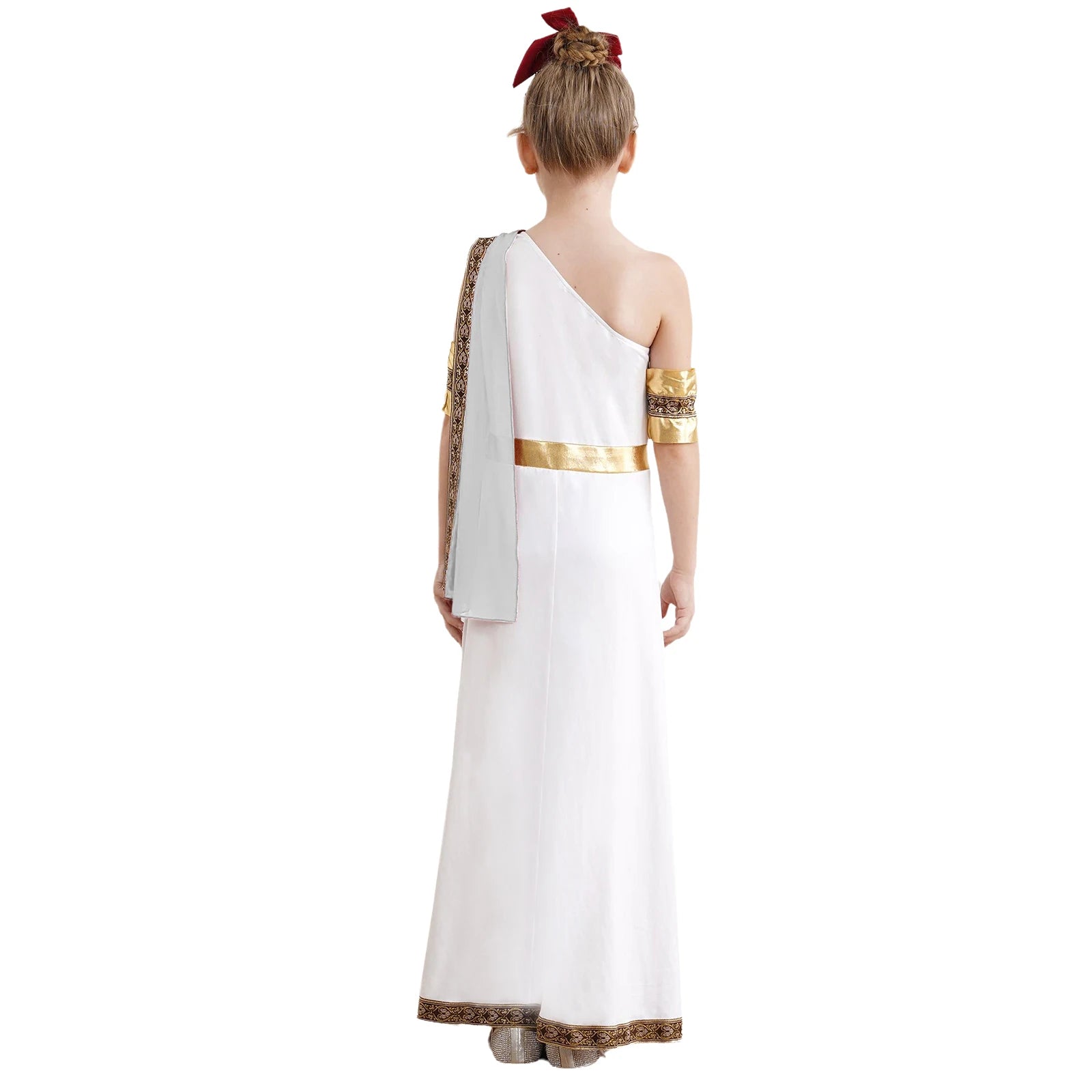 Kids Girls Halloween Ancient Greek Toga Classic Roman Carnival Cosplay Costume One Shoulder Embroider Robe with Removable Cuffs