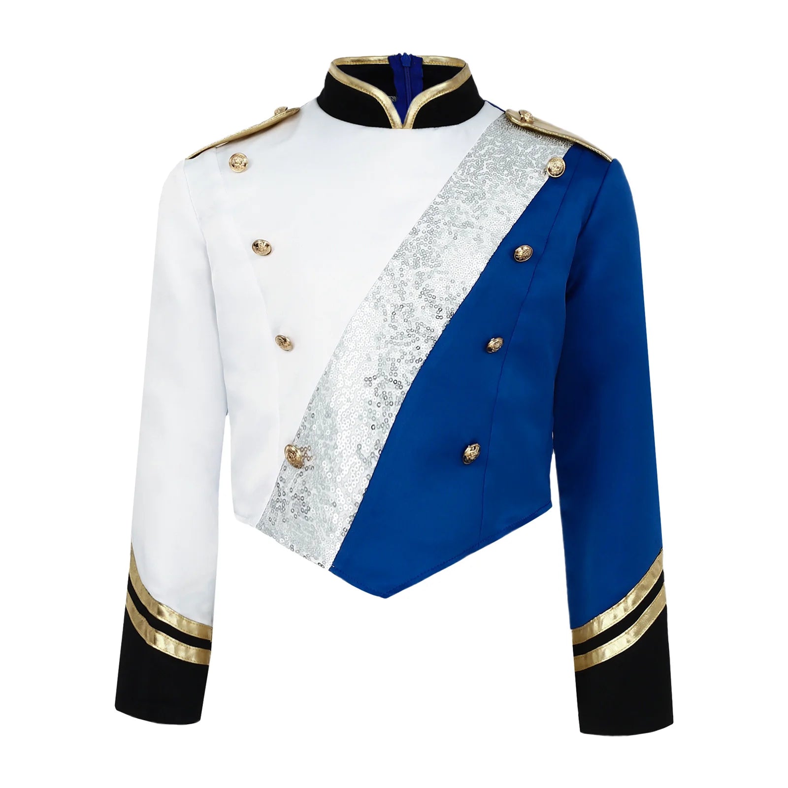 Kids Boys Marching Band Costume Halloween Tops Uniform Metallic Gloss Sequins Mock Neck Coat Long Sleeve Epaulets Buttons Jacket