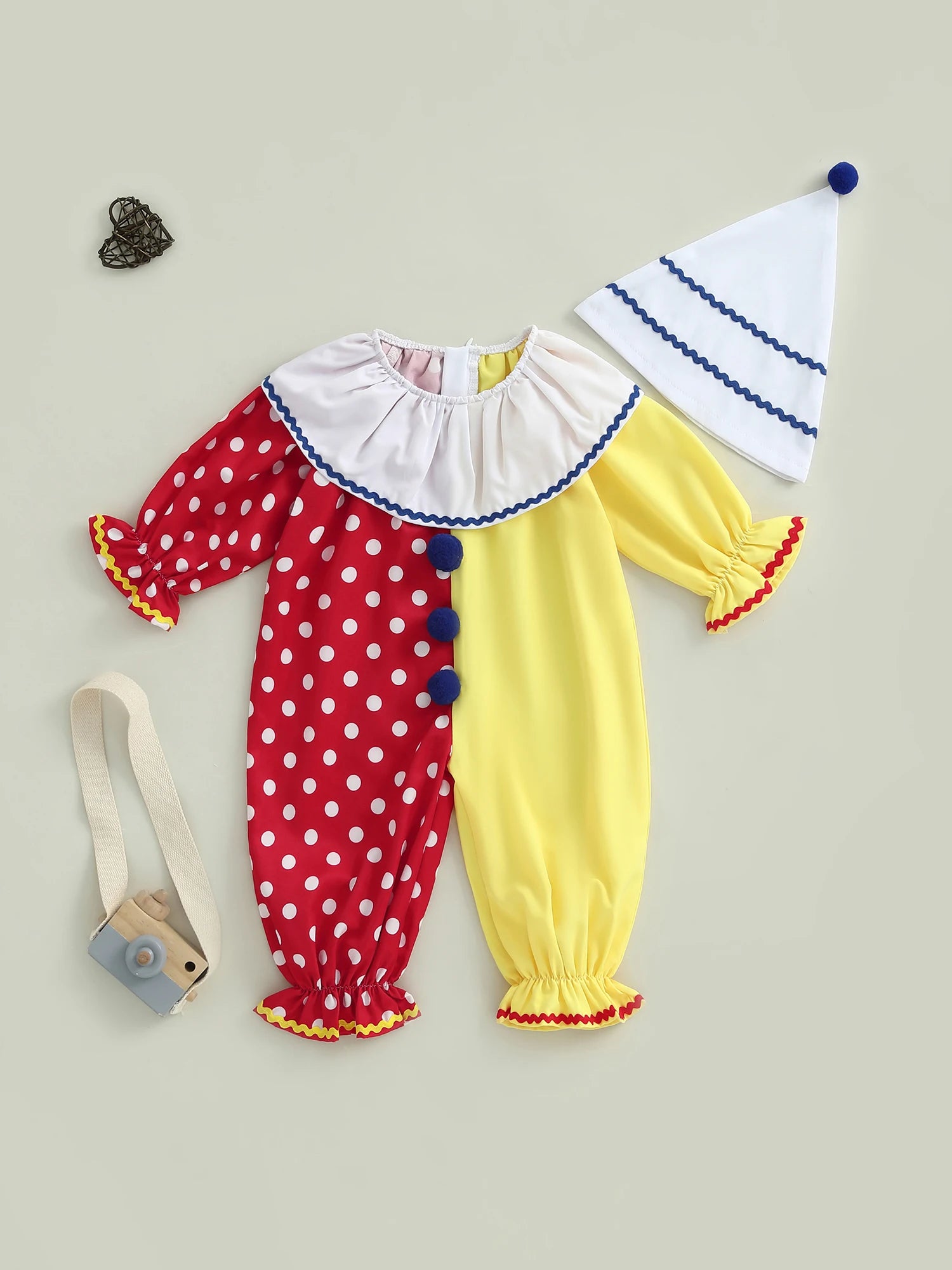 Toddler Baby Clown Halloween Costume Contrast Color Long Sleeve Jumpsuit and Hat 2 Pcs Set