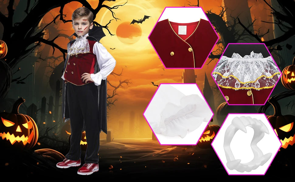 Boys Halloween Vampire Cosplay Costume Kids Carnival Party Dress up Outfit Role Play Costumes with False Teeth Walking Cane