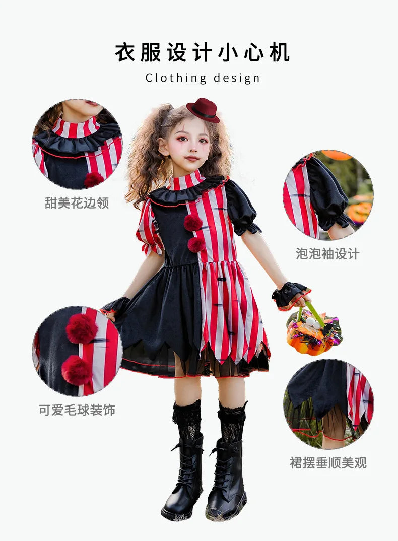 Halloween children's costume; clown costume for girls; party dress for a fun outfit; carnival performance outfit.