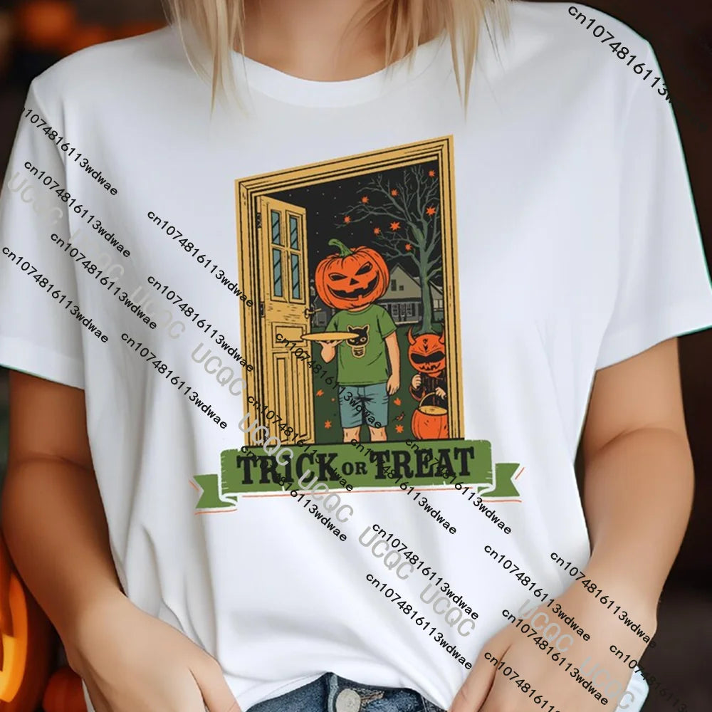 Trick or Treat Kids Halloween T-Shirt Cute Children in Costume Graphic Tee Spooky Candy Collecting T-shirt Boy Festival Outfit