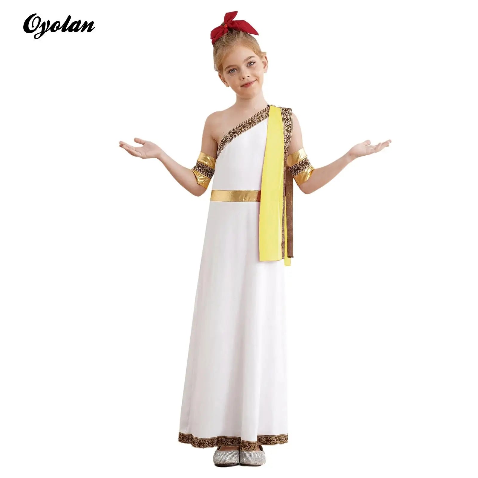 Kids Girls Halloween Ancient Greek Toga Classic Roman Carnival Cosplay Costume One Shoulder Embroider Robe with Removable Cuffs