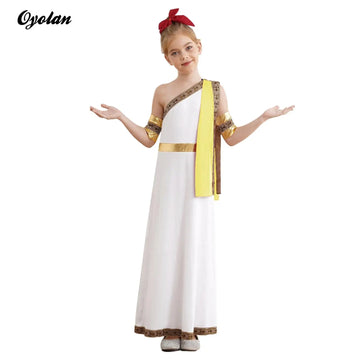 Kids Girls Halloween Ancient Greek Toga Classic Roman Carnival Cosplay Costume One Shoulder Embroider Robe with Removable Cuffs