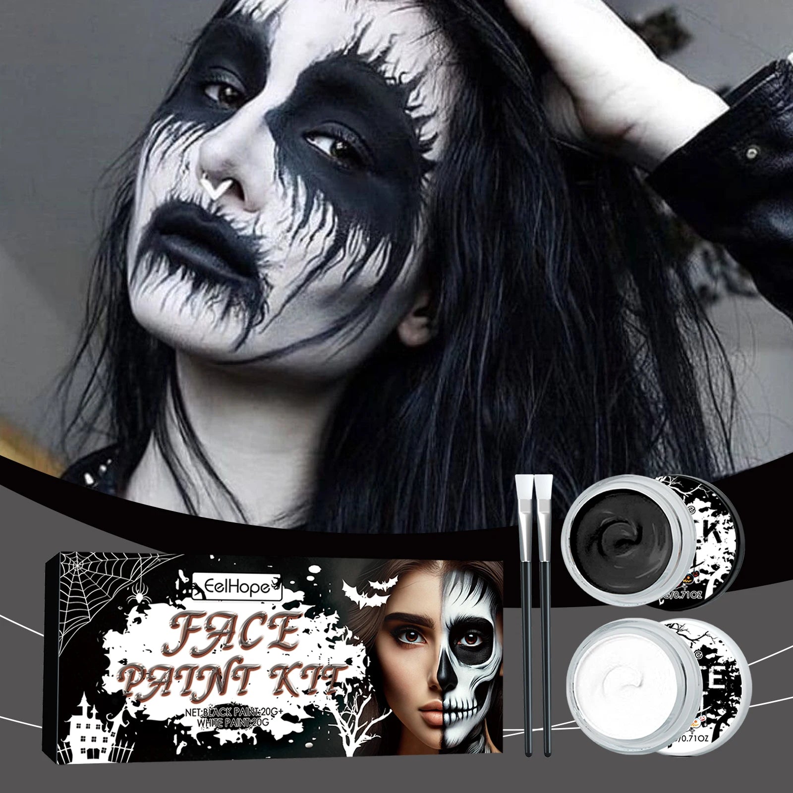 2PCS Halloween Face Painting Kit Highly Pigmented Face Body brus Paint Black and White for DIY Cosplay Theme Parties Body Makeup