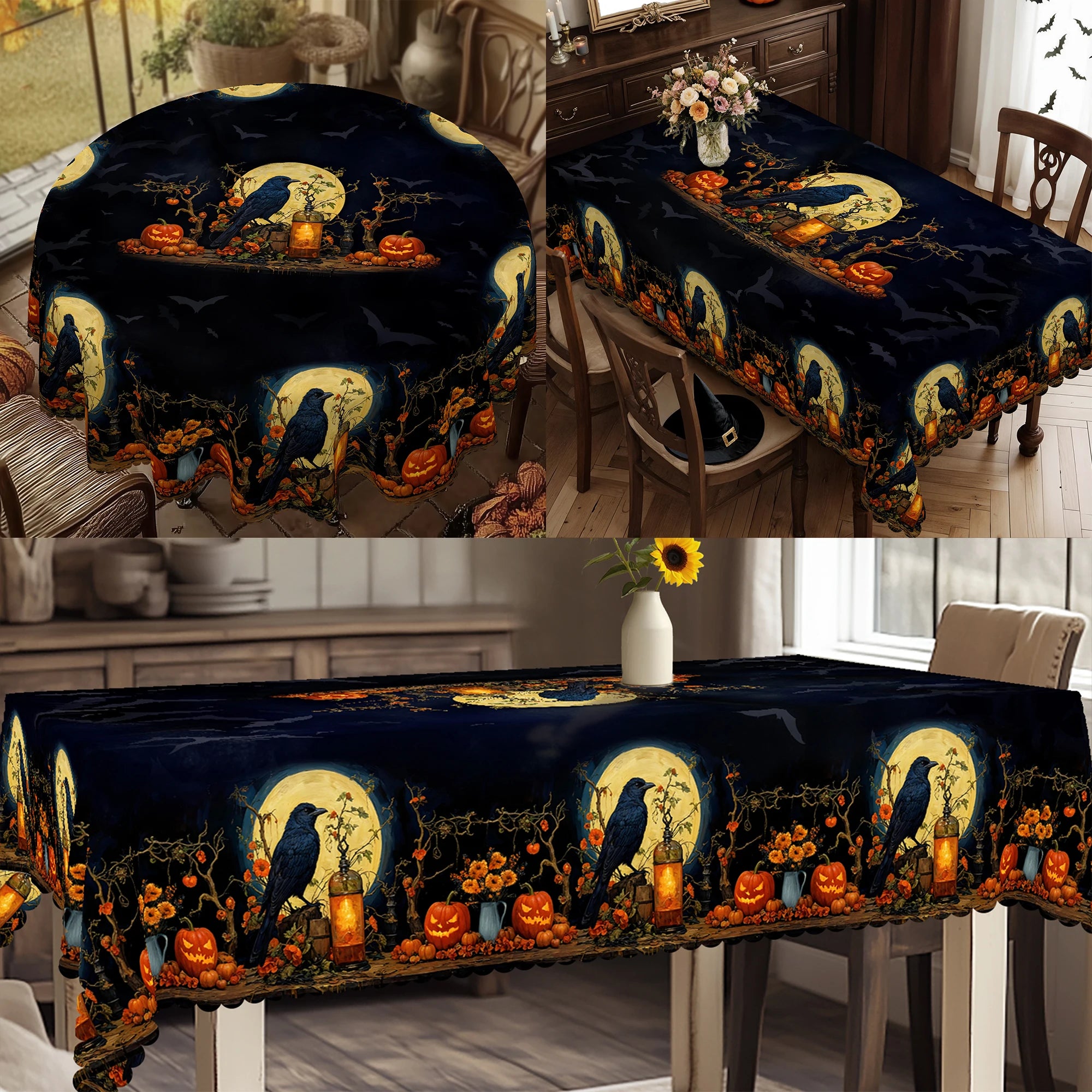 1 Piece, Halloween Theme Tablecloth + 4 Pieces Self-Adhesive, with Crow Moon, Pumpkin Lantern Pattern, Retro Exquisite Design Horror Atmosphere Scene Printing, Embossed Edge, Suitable for Home Kitchen, Living Room Dining Tabl