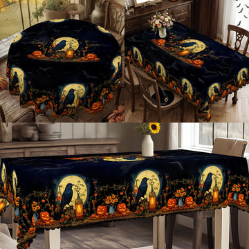1 Piece, Halloween Theme Tablecloth + 4 Pieces Self-Adhesive, with Crow Moon, Pumpkin Lantern Pattern, Retro Exquisite Design Horror Atmosphere Scene Printing, Embossed Edge, Suitable for Home Kitchen, Living Room Dining Tabl