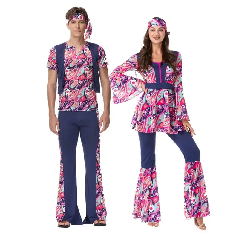 Halloween Costume 70s 80s Retro Hippie Go Go Girl Disco Women Men Couple Purple Fancy Dress Party Peace Lover Hippie Performance