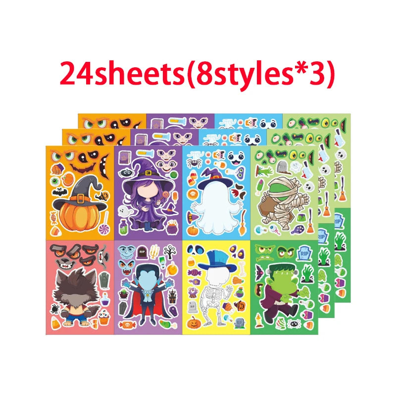 Halloween Party Games Stickers for Kids Make A Pumpkin/Skeleton/Ghost/Witch/Zombie/Mummy Face Stickers Children Party Gifts Toys