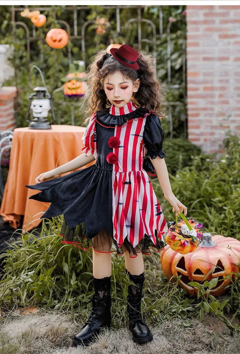 Halloween children's costume; clown costume for girls; party dress for a fun outfit; carnival performance outfit.