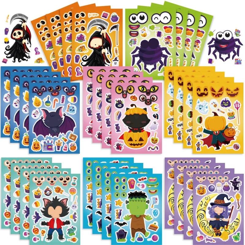 Halloween Party Games Stickers for Kids Make A Pumpkin/Skeleton/Ghost/Witch/Zombie/Mummy Face Stickers Children Party Gifts Toys