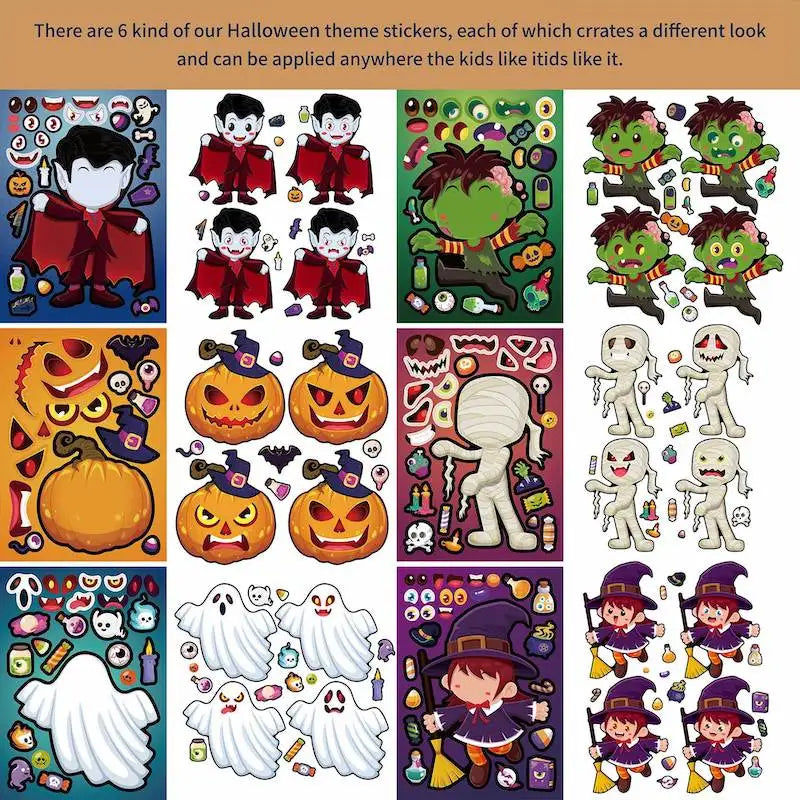Halloween Party Games Stickers for Kids Make A Pumpkin/Skeleton/Ghost/Witch/Zombie/Mummy Face Stickers Children Party Gifts Toys
