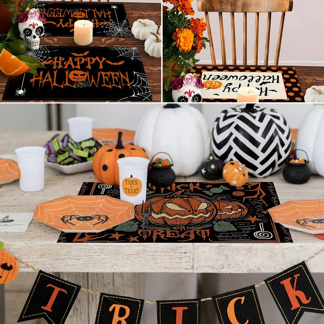 Halloween Table Placemats Linen Ghost Festival Atmosphere Table Mat Bat Pumpkin Spider Web Dining Table Decorations