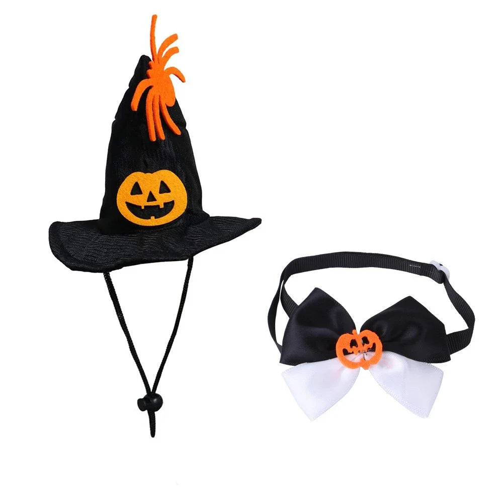 Halloween Pet Costume Set Adjustable Pumpkin Wizard Hat & Tie Pet Cosplay Clothes for Cat Dog Rabbit Hedgehog Chinchilla Ferret