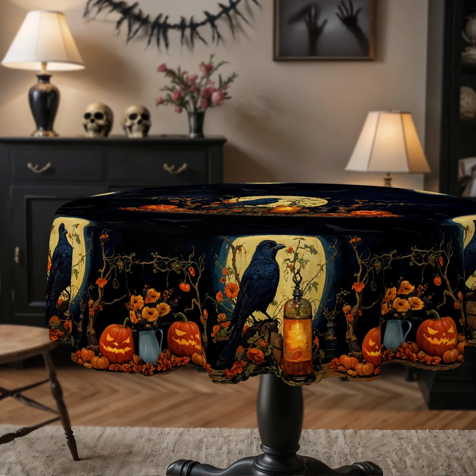 1 Piece, Halloween Theme Tablecloth + 4 Pieces Self-Adhesive, with Crow Moon, Pumpkin Lantern Pattern, Retro Exquisite Design Horror Atmosphere Scene Printing, Embossed Edge, Suitable for Home Kitchen, Living Room Dining Tabl