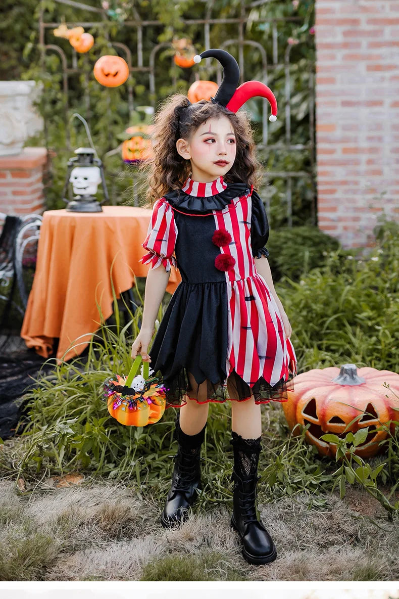 Halloween children's costume; clown costume for girls; party dress for a fun outfit; carnival performance outfit.