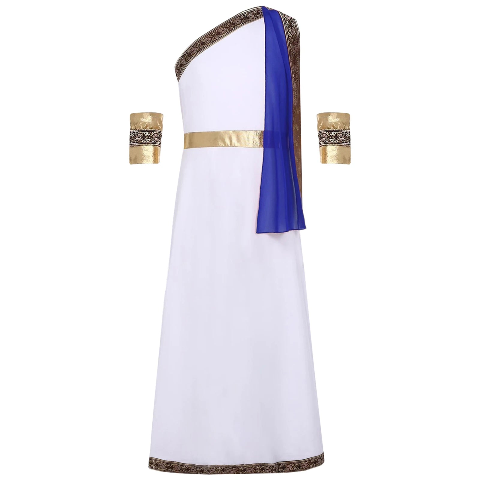 Kids Girls Halloween Ancient Greek Toga Classic Roman Carnival Cosplay Costume One Shoulder Embroider Robe with Removable Cuffs