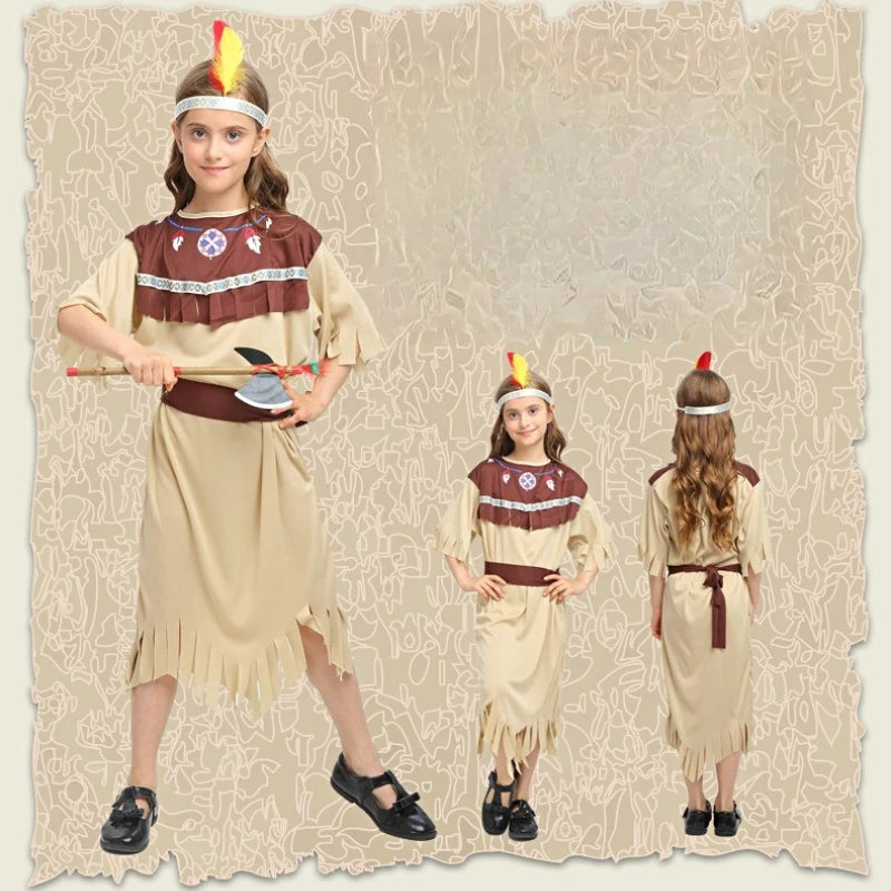 Halloween Costumes Children Boys Girls Gray-white Indian Clothes Indigenous Costumes Masquerade Performance Costumes