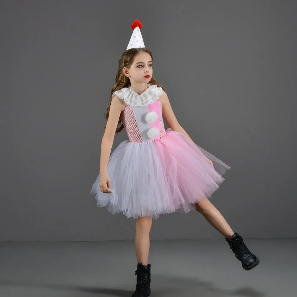 Halloween Costume For Kids Gray Girls Tutu Dress Kids Cosplay Scary Clown Costume Girl Carnival Masquerade Party Dress Up 2-12Y