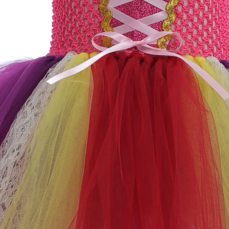 Halloween Children Costume Tulle Dress Girls Cosplay Vestidos Party Evil Queen Mesh Princess Dress Kids Crow Wand