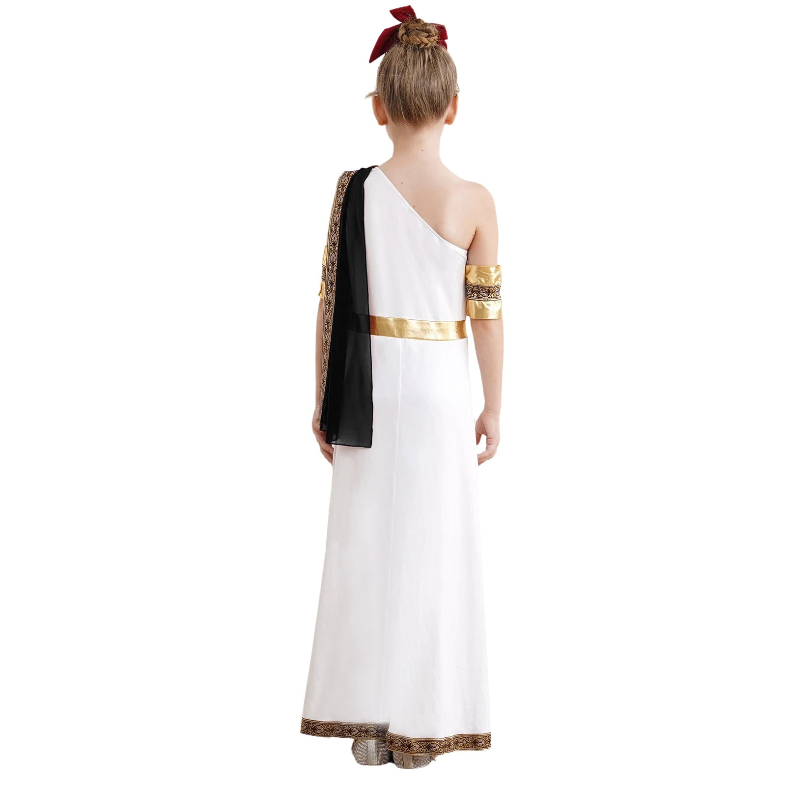 Kids Girls Halloween Ancient Greek Toga Classic Roman Carnival Cosplay Costume One Shoulder Embroider Robe with Removable Cuffs