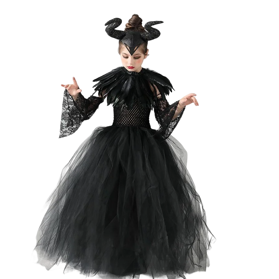 Halloween Maleficents Costume for Girls Evil Queen Dress Up Costumes Witch Devil Black Tulle Mesh Princess Dress Cosplay Clothes