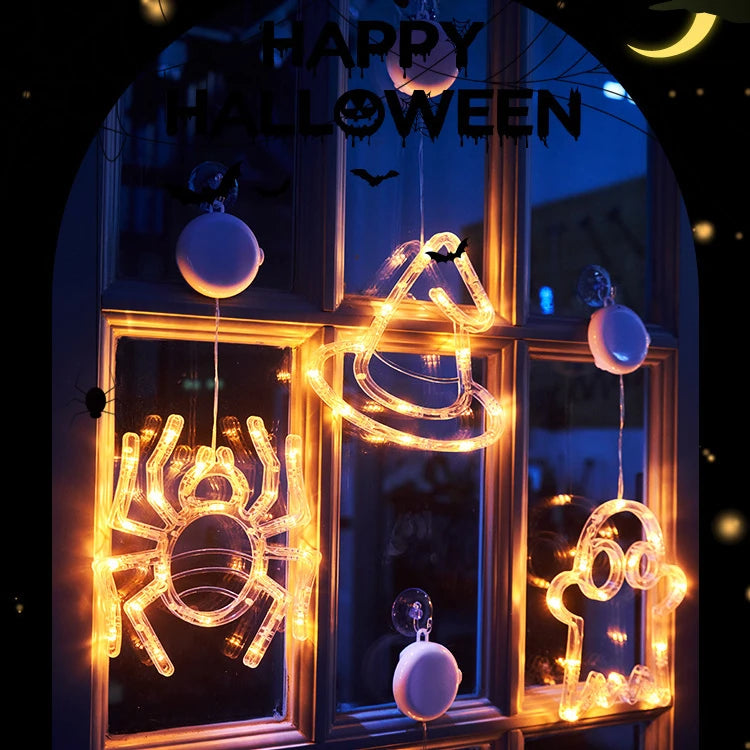 Halloween Decoration Orange Pumpkin Ghost Halloween Window Light with Suction Cup Battery Operated Halloween Home Hanging Decor