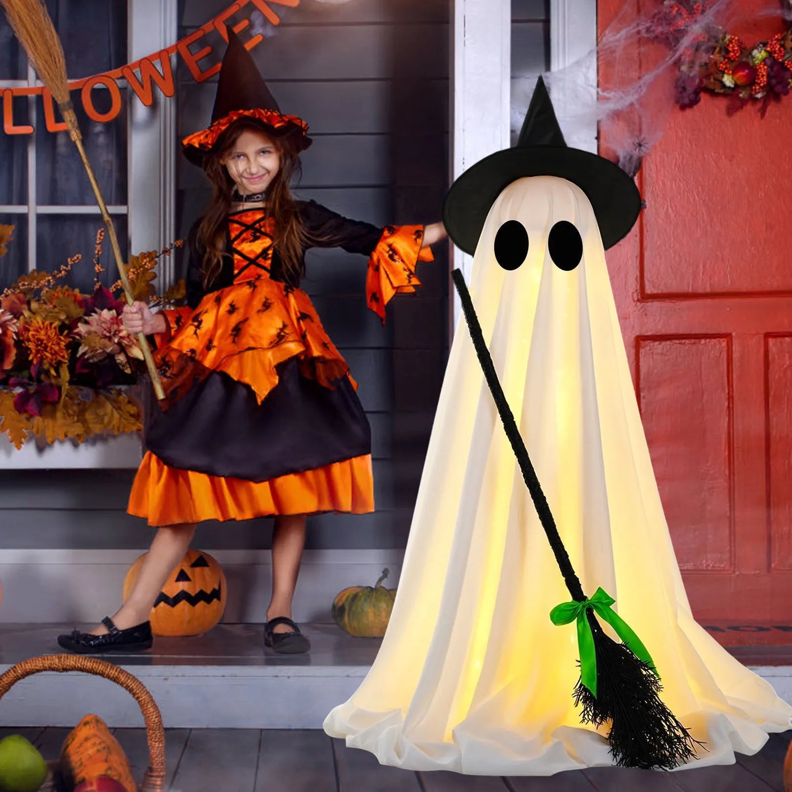 Halloween Decorations Indoor Spooky  Halloween Decor With Witch Brooms Scary Decor With LED Lights For Front  Yard Garden Home