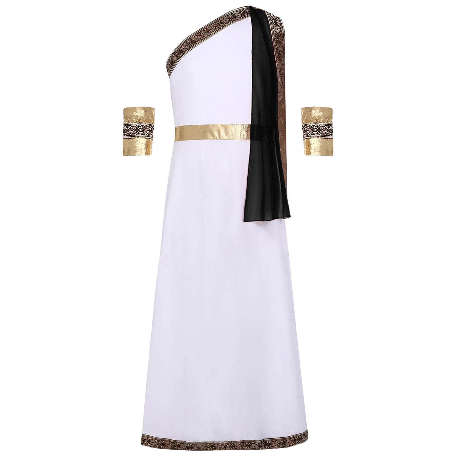 Kids Girls Halloween Ancient Greek Toga Classic Roman Carnival Cosplay Costume One Shoulder Embroider Robe with Removable Cuffs