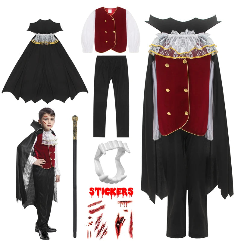 Boys Halloween Vampire Cosplay Costume Kids Carnival Party Dress up Outfit Role Play Costumes with False Teeth Walking Cane