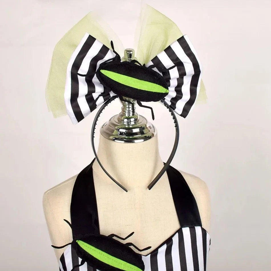 Halloween Costumes Kids Girl Black White Striped Tulle Tutu Dress and Headband 2PCS Toddler Halloween Outfit Beetle Cosplay