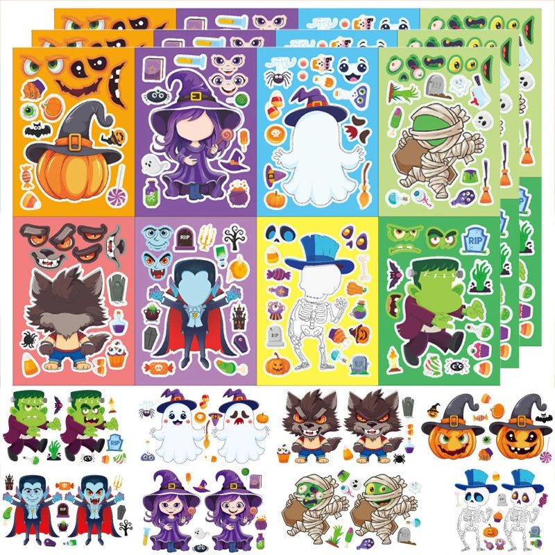 Halloween Party Games Stickers for Kids Make A Pumpkin/Skeleton/Ghost/Witch/Zombie/Mummy Face Stickers Children Party Gifts Toys