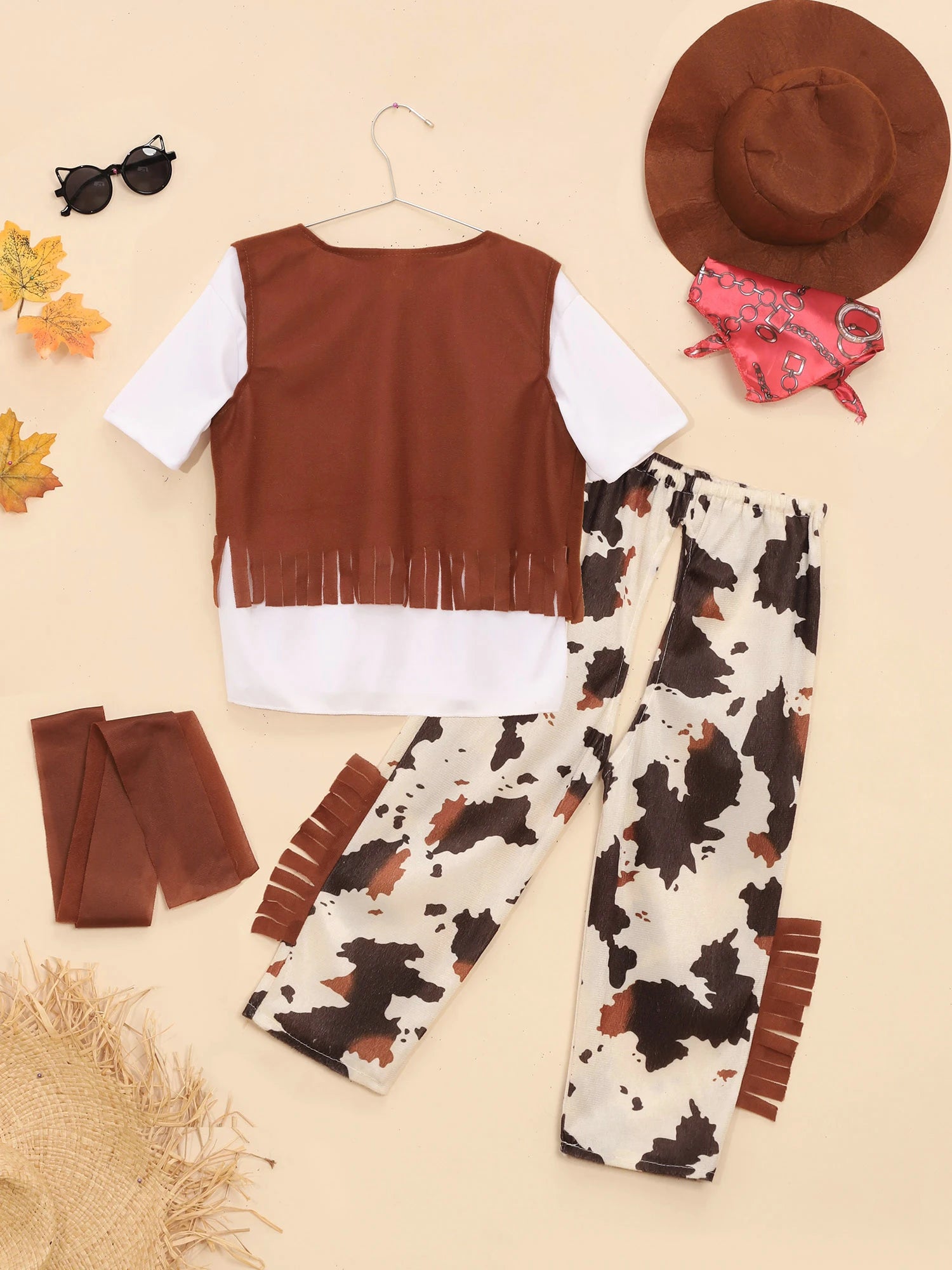 Kids Boys Halloween Western Cowboy Cosplay Costume Short Sleeve T-shirt with Pants Vest Hat Bandana Belt Set for Carnival Party