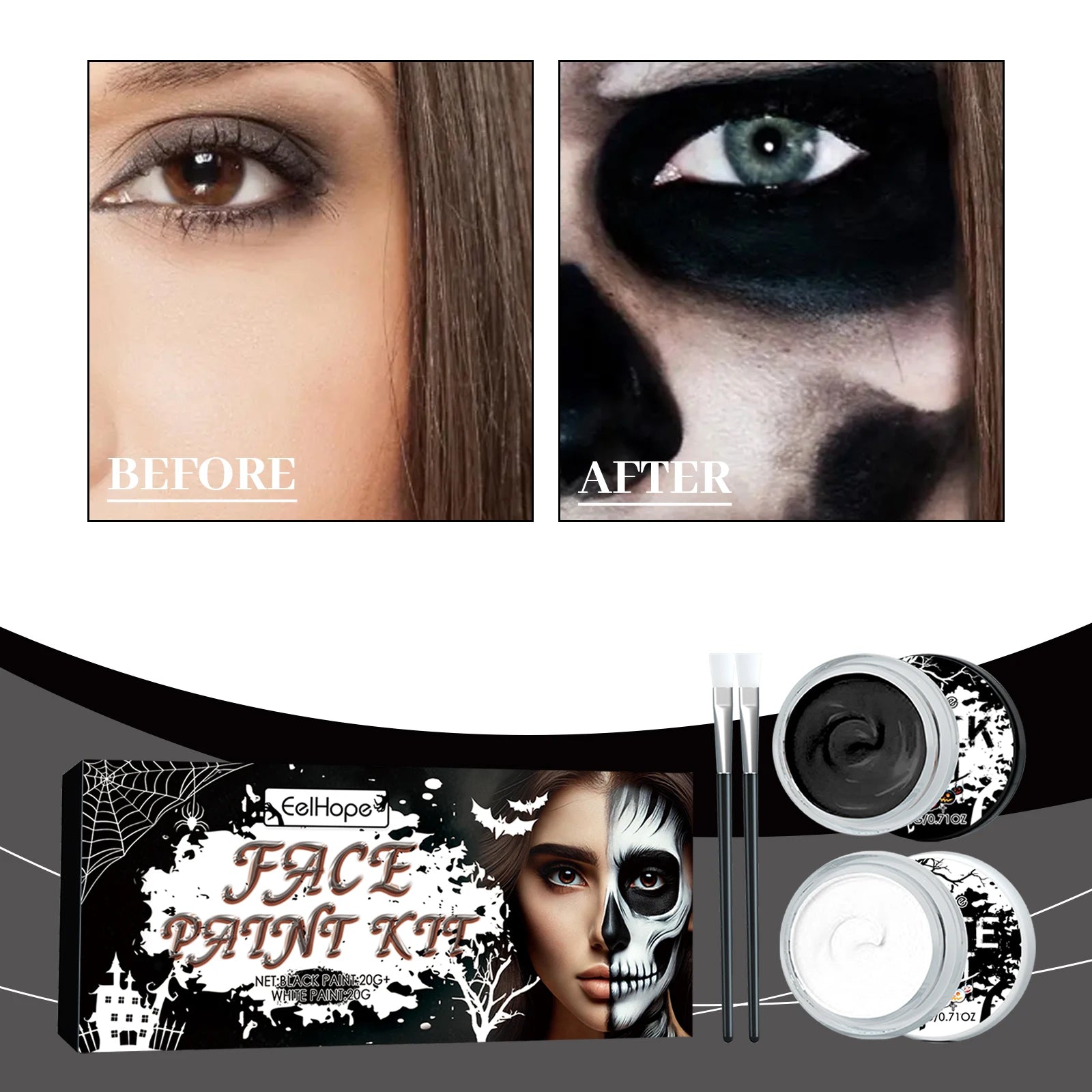 2PCS Halloween Face Painting Kit Highly Pigmented Face Body brus Paint Black and White for DIY Cosplay Theme Parties Body Makeup