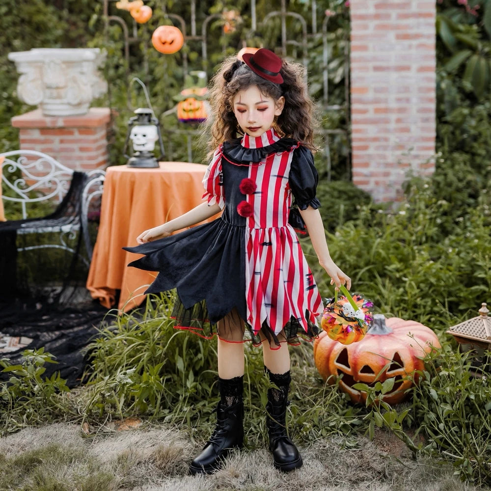 Halloween children's costume; clown costume for girls; party dress for a fun outfit; carnival performance outfit.