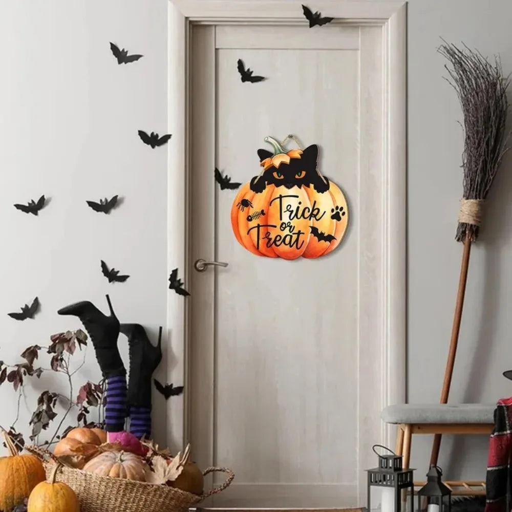 Halloween "trick or Treat" Sign, Pumpkin Black Cat Wooden Hanging Sign, Home, School, Party, Haunted House, Porch Decoration