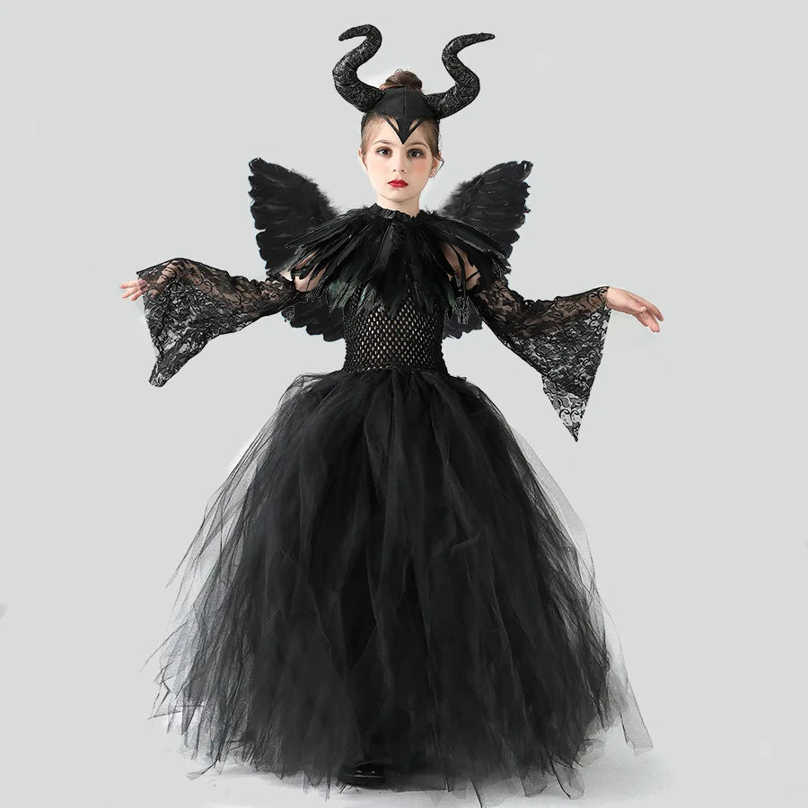 Halloween Maleficents Costume for Girls Evil Queen Dress Up Costumes Witch Devil Black Tulle Mesh Princess Dress Cosplay Clothes