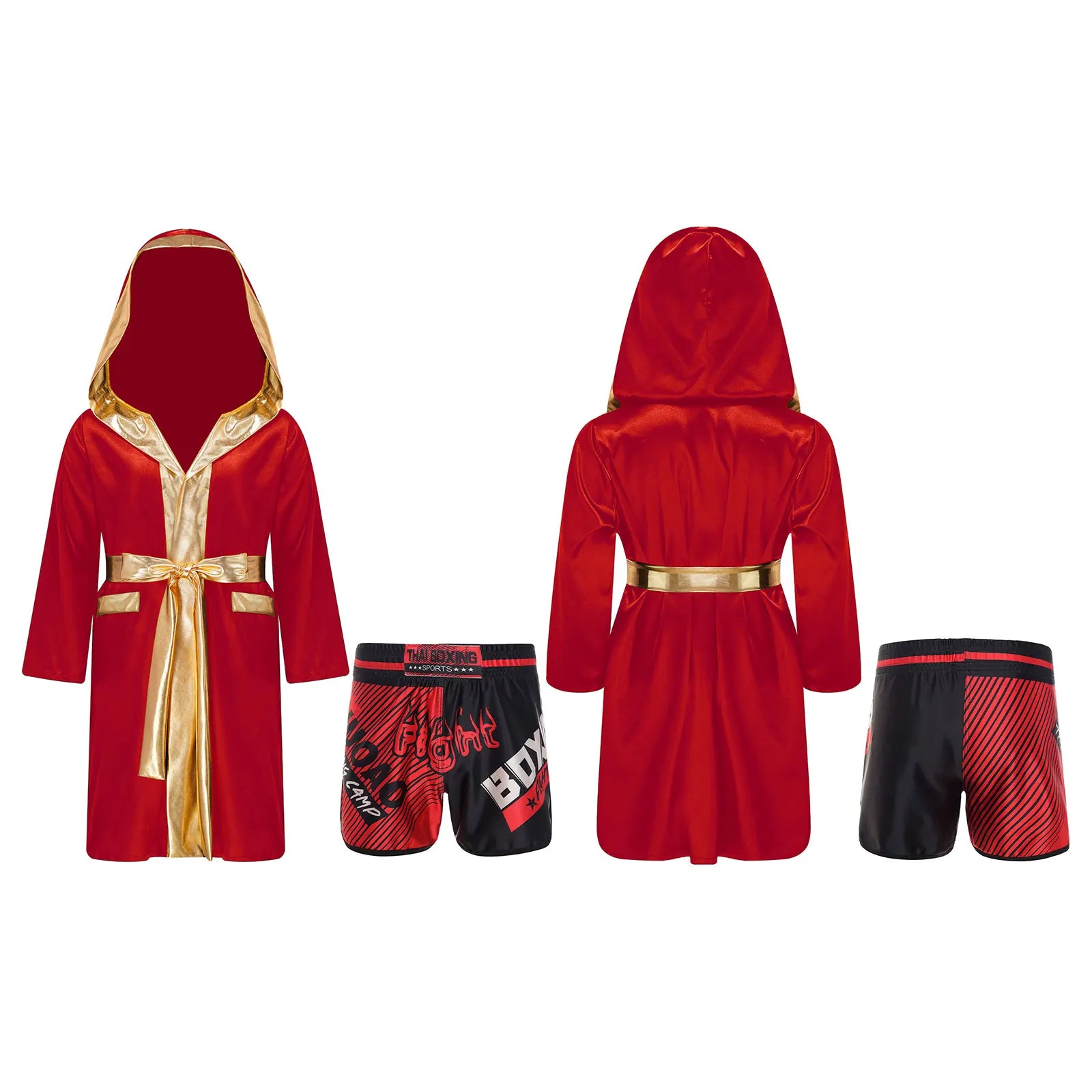 Boys Boxing Robe Outfit Halloween Theme Party Boxer Cosplay Costume Long Sleeve Metallic Satin Hooded Cloak with Belt Shorts