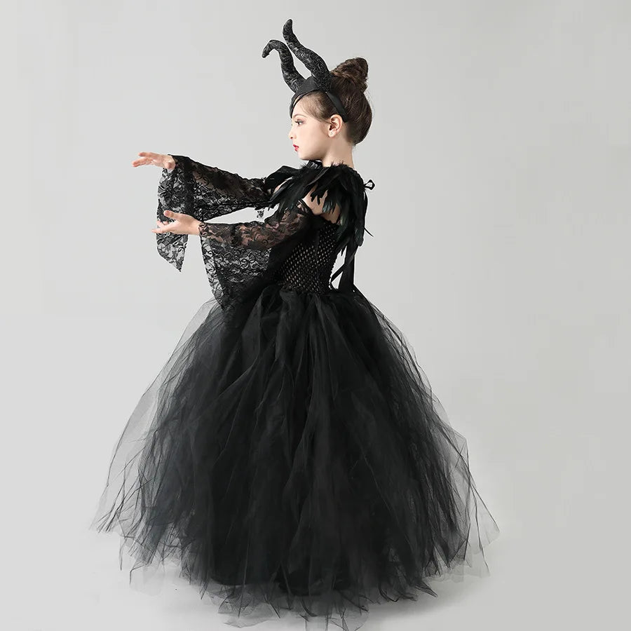 Halloween Maleficents Costume for Girls Evil Queen Dress Up Costumes Witch Devil Black Tulle Mesh Princess Dress Cosplay Clothes